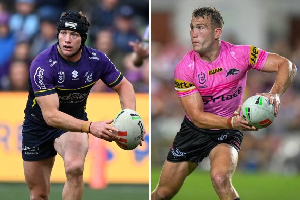 Storm hooker Harry Grant and Panthers hooker Mitch Kenny. 