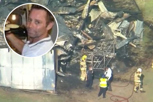 Aftermath of a shed fire in the Queensland town of Biggenden; Todd Mooney, 54, (inset) was killed alongside his 10-year-old daughter Kirra.