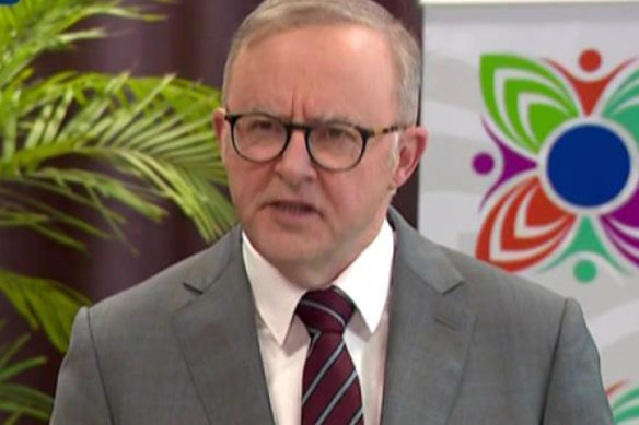 Prime Minister Anthony Albanese at a press conference in Apia, Samoa for the Commonwealth Heads of Government Meeting. 