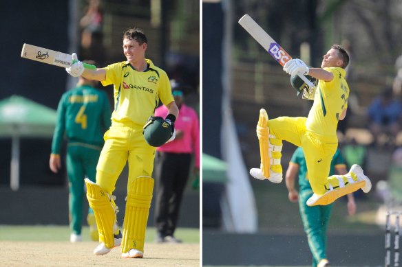 Marnus Labuschagne (left) and David Warner celebrate their respective centuries against South Africa in Bloemfontein in the second ODI match.
