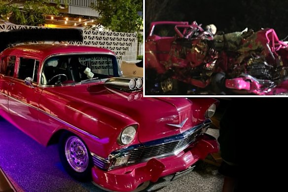 The aftermath of a fatal crash involving a classic Chevrolet car on the Mitchell Freeway in Perth.