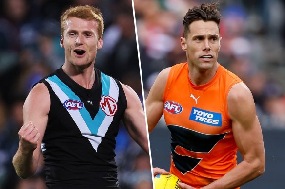 GWS Giants smooth-mover Josh Kelly (right) looms as a likely target for Port Adelaide Power tagger Willem Drew.
