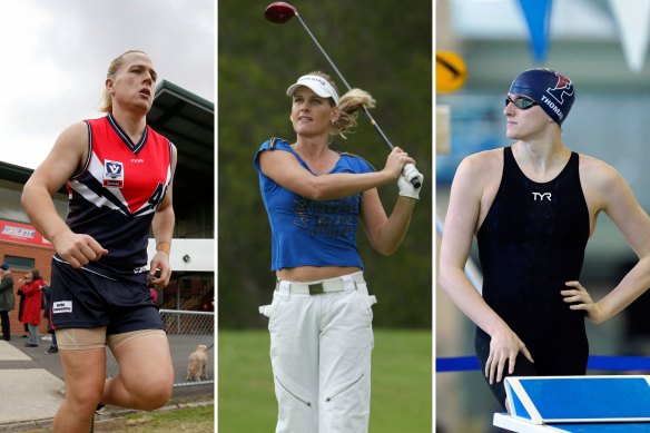 Transgender athletes (from left to right) Hannah Mouncey, Mianne Bagger, and Lia Thomas.