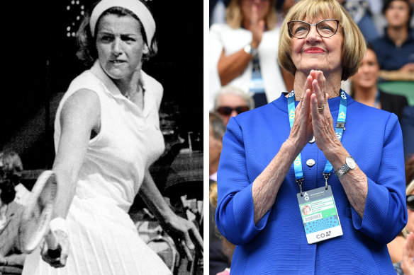 Margaret Court in 1969, left, and in recent times.