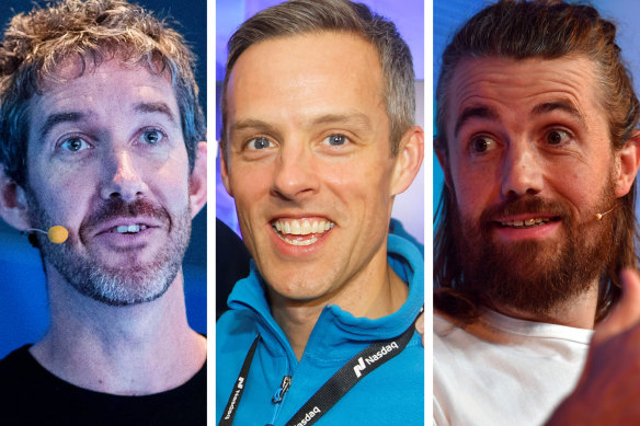Atlassian founders Scott Farquhar, left, with Mike Cannon-Brookes, right, and  Atlassian president Jay Simons, centre.