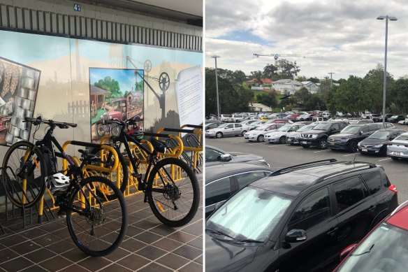 Some of the bike parking options at Oxley train station, versus the crowded park ‘n’ ride car park.