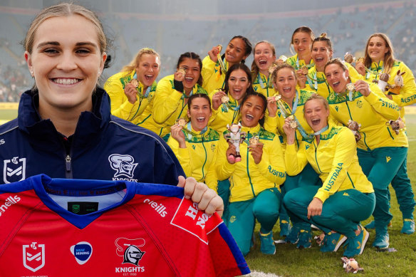 Jesse Southwell with her new Knights jersey, and with Australia’s sevens team after their gold medal win at the Commonwealth Games.