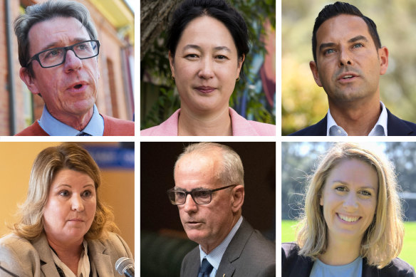 Clockwise: Wagga Wagga independent MP Joe McGirr; Greens Jenny Leong; Sydney MP Alex Greenwich; Greens Tamara Smith; Regional independent Greg Piper; Greens Kobi Shetty.