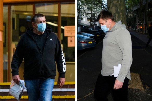 CFMEU officials Darren Greenfield (black jumper) and Michael Greenfield (grey jumper) leaving Sydney Police Centre after being granted bail. 