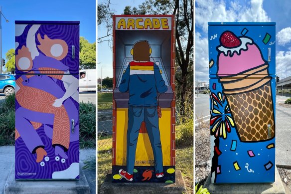 Left to right: Gabrielle Oliffe’s “Roll with it” won the people’s choice award; the Lord Mayor’s award went to Ally Douglas’s 
“Arcade”; and Tara Hooppell won best overall traffic signal box for “Our Ekka”.