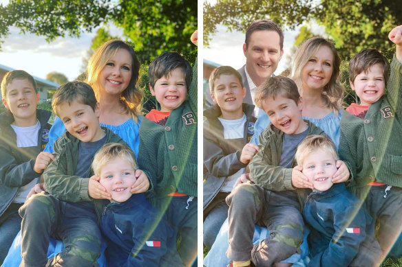 Alex Hawke’s original family photo on the left, before some subtle retouching occurred for the campaign pamphlet.