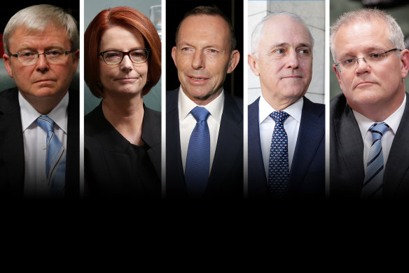 The five Prime Ministers of the last decade: Kevin Rudd, Julia Gillard, Tony Abbott, Malcolm Turnbull and Scott Morrison. 