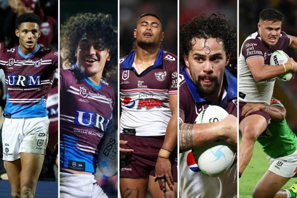 Jason Saab, Christian Tuipulotu, Haumole Olakau'atu, Josh Aloiai and Josh Schuster are five of the seven Manly players who drew from the pride round clash.