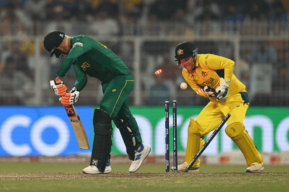 Heinrich Klaasen is bowled by Travis Head in the semi-final of cricket’s 2023 one-day international World Cup. 
