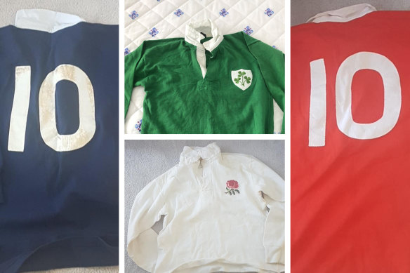 Clockwise from left: the Scottish, Irish, Welsh and English jerseys Mark Ella swapped on the famous 1984 grand slam tour.