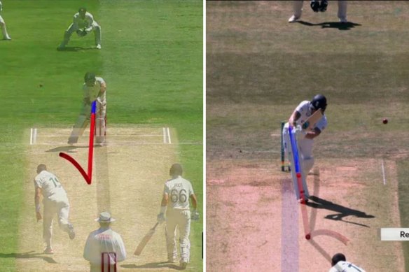 Jonny Bairstow, back in his crease, was lbw to Scott Boland in 2021, but Ben Stokes escaped by coming forward this year.