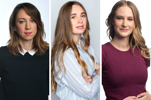 A editora de saúde do Herald, Kate Aubusson, a repórter Emily Kaine e a repórter investigativa da Age, Aisha Dow. 