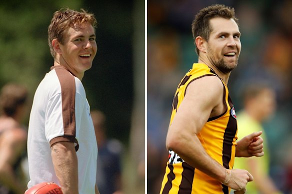 Luke Hodge at one of his early training sessions at Hawthorn after being taken with the No.1 pick at the 2001 draft, and 16 years later while captain of Hawthorn.