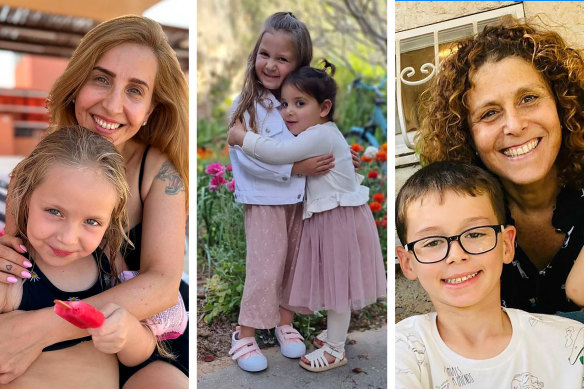 Undated photos of some of the released hostages, from left: Daniel Aloni and her daughter Emilia; sisters Aviv, right, and Raz Katz Asher; Keren Munder and her son Ohad.