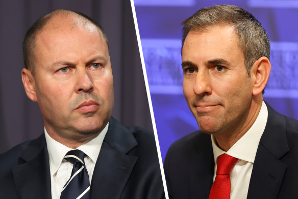 Former treasurer Josh Frydenberg (left) and his successor Jim Chalmers.