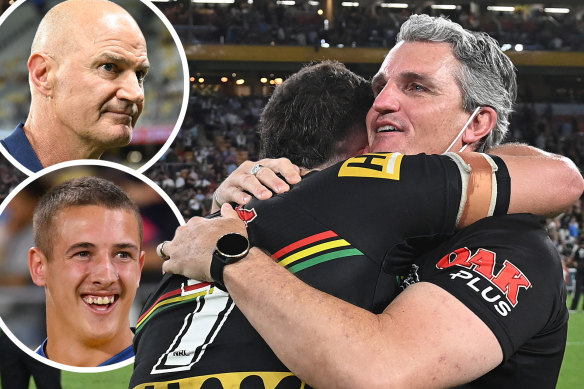 Panthers pair Ivan and Nathan Cleary after last year’s grand final. Inset: Jake Arthur and his father Brad, who are hoping to emulate the father-son premiership feat next weekend with the Eels.