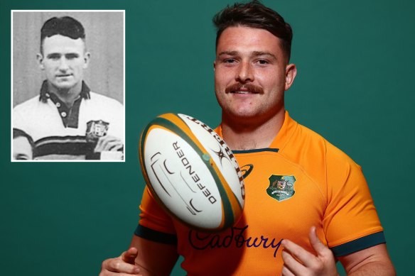 New Wallabies hooker Matt Faessler, and his grandfather Vince Bermingham (inset).