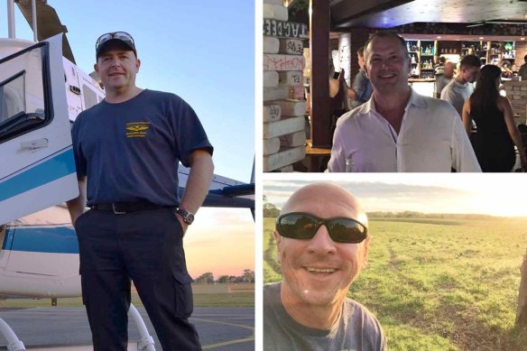 Pilot David Kerr, left, and his friends, Grant Kuhnemann, top, and Jamie Ogden, were are among the five who died in the crash.