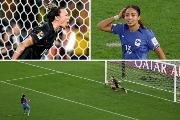 The first kick of the World Cup quarter-final penalty shootout pitted Australian keeper Mackenzie Arnold (top left) against France’s Selma Bacha (top right).