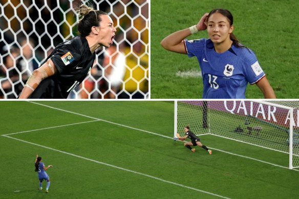 The agony and ecstasy: Matildas keeper Mackenzie Arnold and France’s Selma Bacha during last Saturday’s penalty shootout.