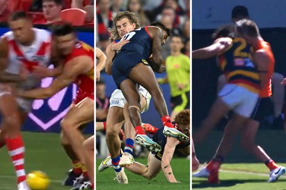 Head-high bumps are the talking point of round one of the 2023 AFL season. Kysaiah Pickett (centre) and Lance Franklin (left) were both offered suspensions for their hits on opponents, while Adelaide’s Shane McAdam received three weeks at the tribunal.