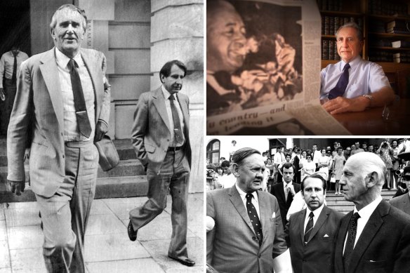 Clockwise from left: Tony Eggleton with then prime minister Malcolm Fraser in 1983; Tony Eggleton at Old Parliament House in Canberra with a clipping of former Prime Minister Harold Holt; Tony Eggleton outside Parliament House with John Gorton (left) and William McMahon (right) the day after McMahon replaced Gorton as Liberal leader and prime minister following a leadership spill in March 1971.