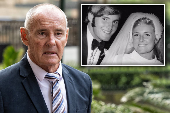 Chris Dawson during his trial. Inset: Chris and Lynette Dawson on their wedding day in 1970.