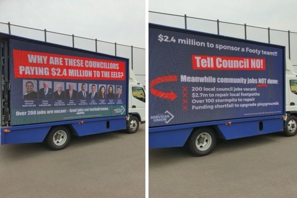 The United Services Union truck deployed advertising around the Parramatta LGA against the deal.