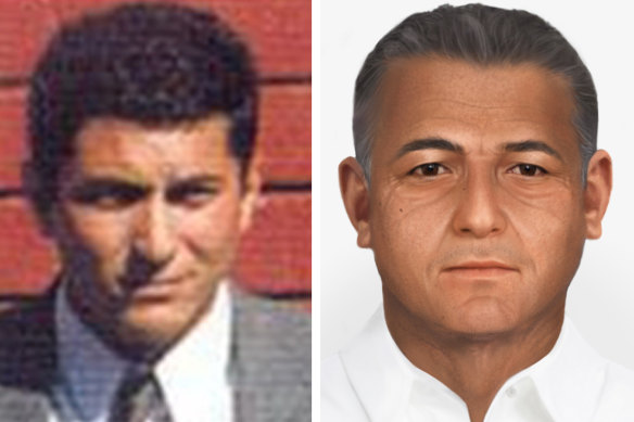 A photo of James Dalamangas (left) and an age progression photo of him.