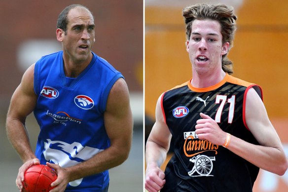 Matthew Croft, left, pictured playing for the Bulldogs, and draft prospect Jordan, right.