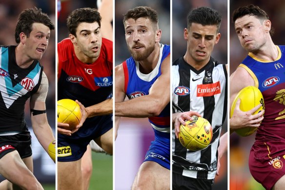 The usual suspects for Monday night’s Brownlow Medal are Port Adelaide’s Zak Butters, Melbournne’s Christian Petracca, Marcus Bontempelli, Collingwood’s Nick Daicos and Brisbane’s Lachie Neale.