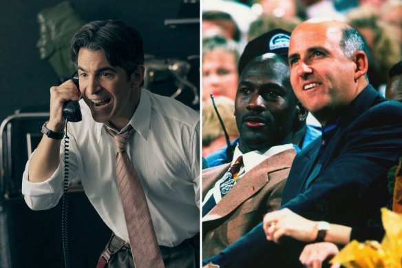 Chris Messina (left) as David Falk in AIR, Michael Jordan and the real David Falk at an NBA game in 1992.