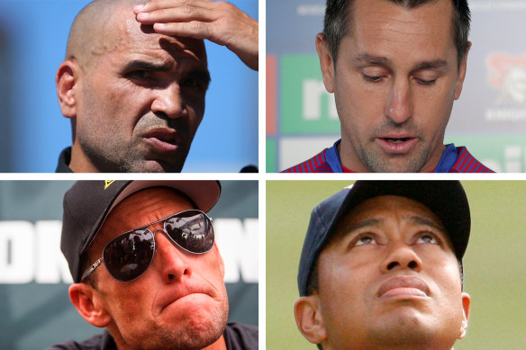 Clockwise from top left, Anthony Mundine, Mitchell Pearce, Tiger Woods and Lance Franklin.