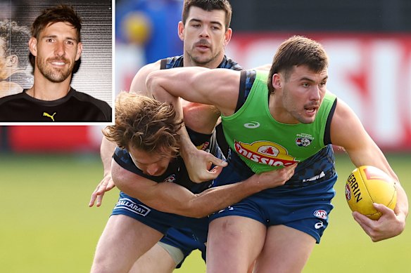 Star Bulldogs forward Sam Darcy is tackles at training on Friday. Inset: Sam Naismith, the former AFL ruckman now working for the Dockers, who was booted out of that training session.
