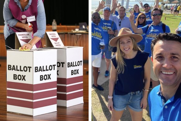 LNP leader David Crisafulli (right) on the Gold Coast with colleague Laura Gerber for the first day of the party’s “weekend of action”.