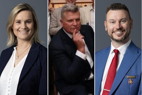 Deputy Mayor Bronwyn Waugh (left) won the Liberal preselection for 2025 over Mayor Greg Milner (right) with the backing of Liberal Party insider Tim Houweling (centre), but narrowly lost the seat. 
