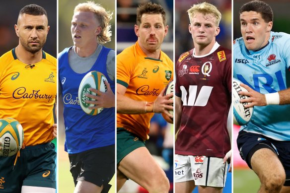 Wallabies five-eighth candidates, from left, Quade Cooper, Carter Gordon, Bernard Foley, Tom Lynagh and Ben Donaldson.