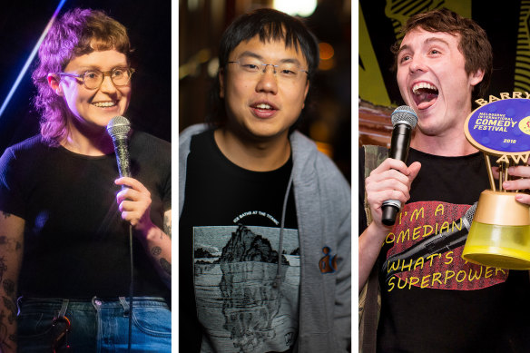 Comedians (from left) Scout Boxall, Aaron Chen and Sam Campbell are clients of Junkyard Artist Management.
