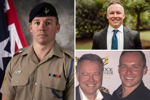 Lance Corporal Jack Fitzgibbon in uniform, in civilian clothes, and with his father, Joel.