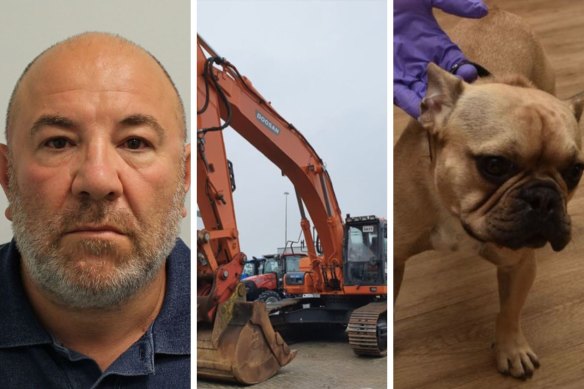 Danny Brown, a British man convicted of drug trafficking, with his 40-ton Doosan excavator and his new French bulldog, Bob.