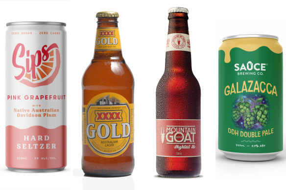 The ATO will rule on which of (left to right) hard seltzer, XXXX, Mountain Goat and Sauce Brewing’s Galazacca products count as a beer.