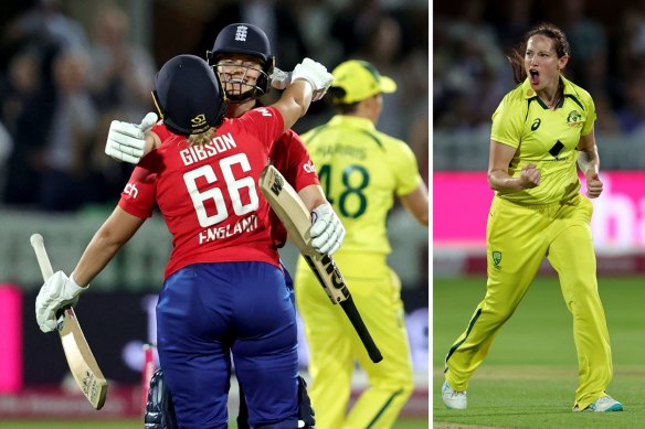 England batters Danielle Gibson and Amy Jones (main)celebrate their victory in the third T20 match of the 2023 Women’s Ashes series, while (right) Megan Schutt enjoys taking a wicket for Australia in the same game.