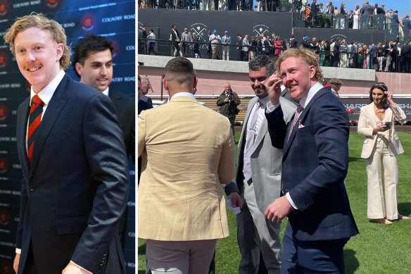 Clayton Oliver at Caulfield (right) and at the club’s awards night (right).