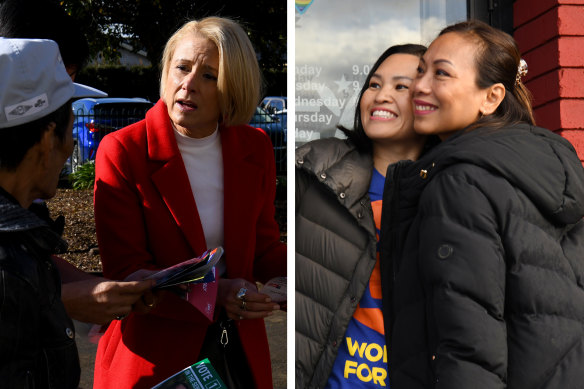 Left: Kristina Keneally. Right: Le Dai engages with the electorate in Cabramatta