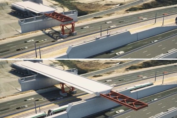 An artist’s impression of how the Mitchell Freeway bridge will be built. 